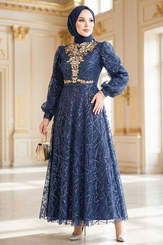 moda selvim Evening Dress 5738EDF311 Navy Blue - Thumbnail