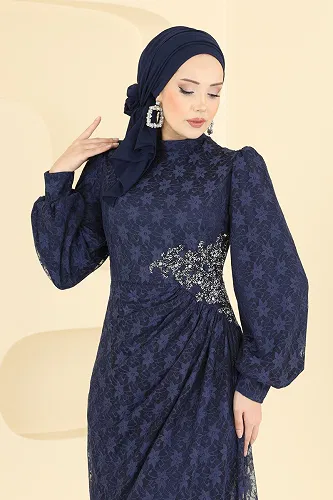 moda selvim Evening Dress 5739EDF311 Navy Blue - Thumbnail