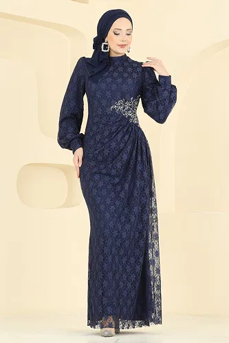 moda selvim Evening Dress 5739EDF311 Navy Blue - Thumbnail