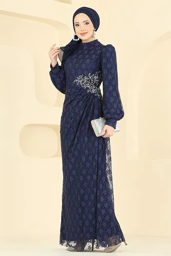 moda selvim Evening Dress 5739EDF311 Navy Blue - Thumbnail