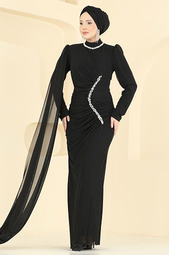 moda selvim Evening Dress 5741EDF311 Black - Thumbnail