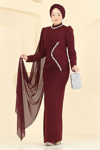 moda selvim Evening Dress 5741EDF311 Burgundy - Thumbnail
