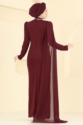 moda selvim Evening Dress 5741EDF311 Burgundy - Thumbnail
