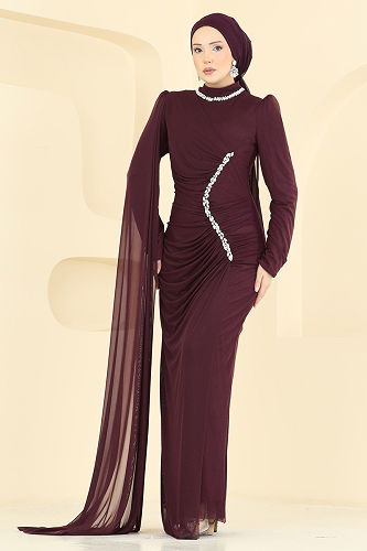 moda selvim Evening Dress 5741EDF311 Damson - Thumbnail