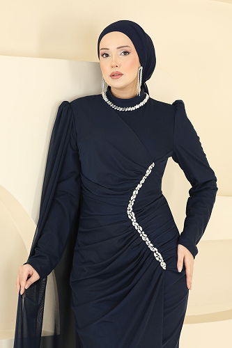 moda selvim Evening Dress 5741EDF311 Navy Blue - Thumbnail