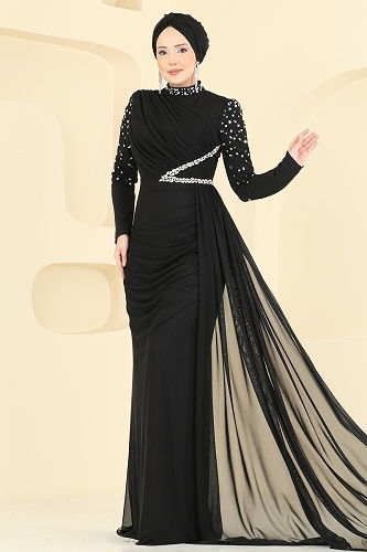 moda selvim Evening Dress 5742EDF311 Black - Thumbnail