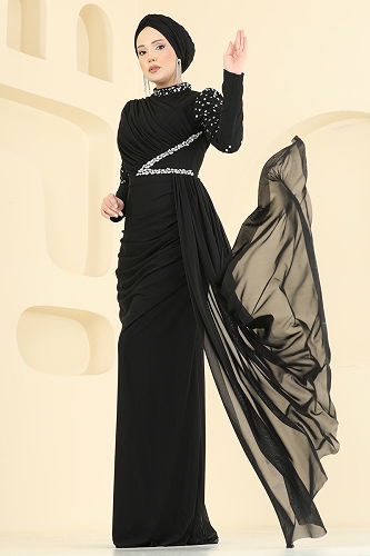 moda selvim Evening Dress 5742EDF311 Black - Thumbnail