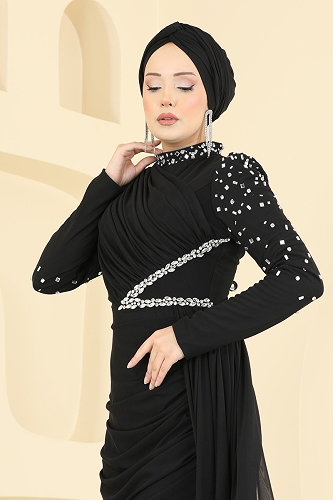 moda selvim Evening Dress 5742EDF311 Black - Thumbnail