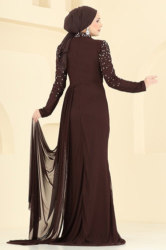 moda selvim Evening Dress 5742EDF311 Brown - Thumbnail