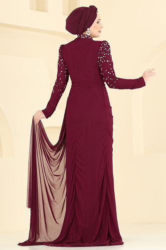moda selvim Evening Dress 5742EDF311 Burgundy - Thumbnail