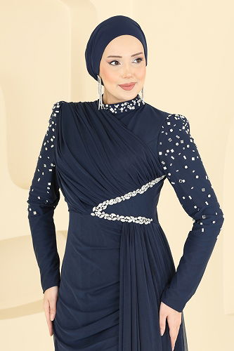 moda selvim Evening Dress 5742EDF311 Navy Blue - Thumbnail