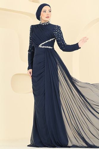 moda selvim Evening Dress 5742EDF311 Navy Blue - Thumbnail