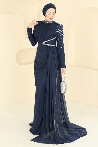 moda selvim فستان سهرة كحلي 5742EDF311 - Thumbnail