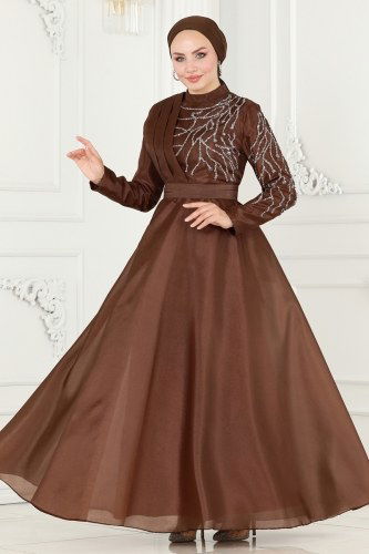 moda selvim Evening Dress 5743AB368 Brown - Thumbnail