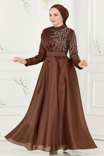 moda selvim Evening Dress 5743AB368 Brown - Thumbnail