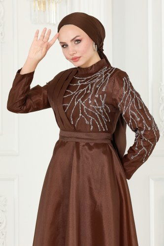 moda selvim Evening Dress 5743AB368 Brown - Thumbnail