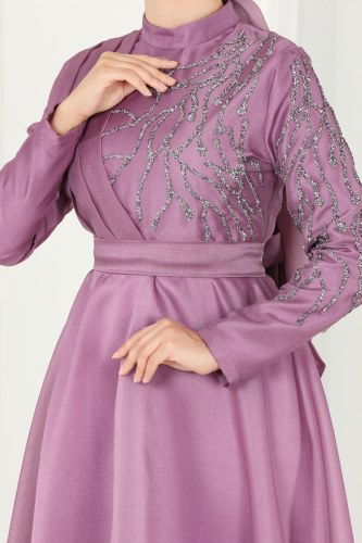 moda selvim Evening Dress 5743AB368 Lilac - Thumbnail