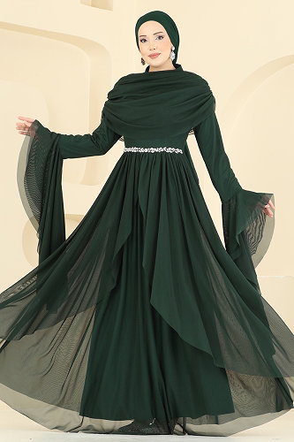 moda selvim Evening Dress 5744EDF311 Emerald - Thumbnail