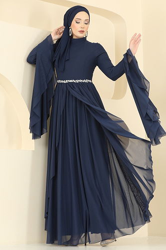 moda selvim Evening Dress 5744EDF311 Navy Blue - Thumbnail