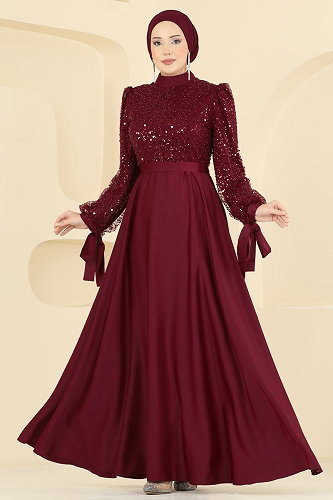 moda selvim Evening Dress 5748EDF311 Burgundy - Thumbnail