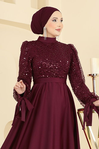 moda selvim Evening Dress 5748EDF311 Dark Burgundy - Thumbnail