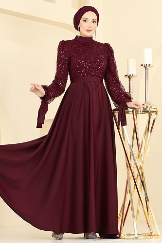 moda selvim Evening Dress 5748EDF311 Dark Burgundy - Thumbnail
