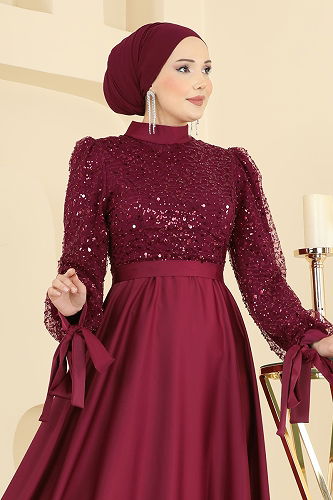 moda selvim Evening Dress 5748EDF311 Light Burgundy - Thumbnail