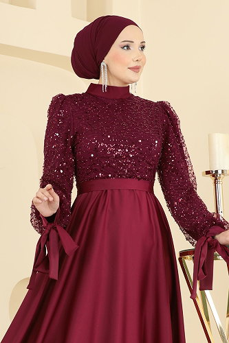 moda selvim Evening Dress 5748EDF311 Light Burgundy - Thumbnail