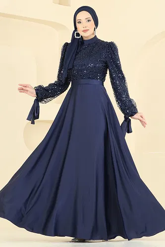 moda selvim Evening Dress 5748EDF311 Navy Blue - Thumbnail