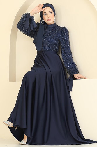 moda selvim Evening Dress 5748EDF311 Navy Blue - Thumbnail
