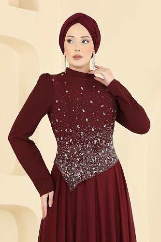 moda selvim Evening Dress 5755EDF311 Burgundy - Thumbnail