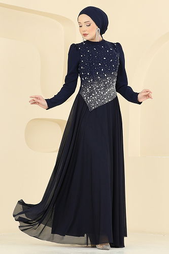 moda selvim Evening Dress 5755EDF311 Navy Blue - Thumbnail