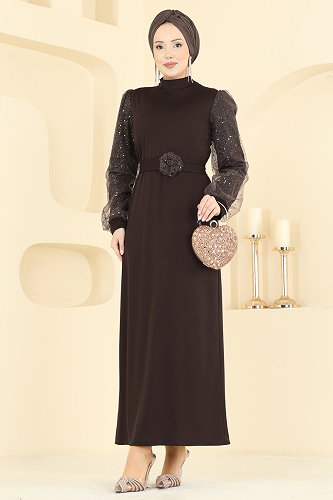 moda selvim Evening Dress 5760EDF311 Bitter Brown - Thumbnail