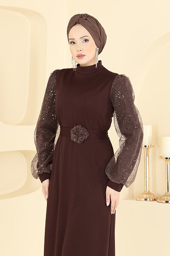 moda selvim Evening Dress 5760EDF311 Brown - Thumbnail