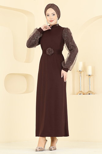moda selvim Evening Dress 5760EDF311 Brown - Thumbnail