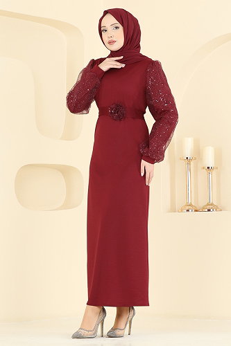 moda selvim Evening Dress 5760EDF311 Burgundy - Thumbnail
