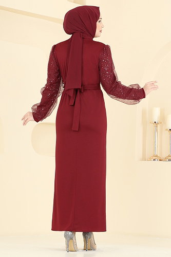 moda selvim Evening Dress 5760EDF311 Burgundy - Thumbnail