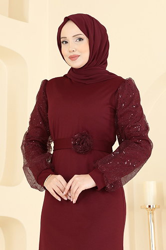 moda selvim Evening Dress 5760EDF311 Dark Burgundy - Thumbnail