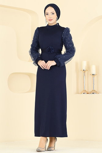 moda selvim Evening Dress 5760EDF311 Dark Navy Blue - Thumbnail