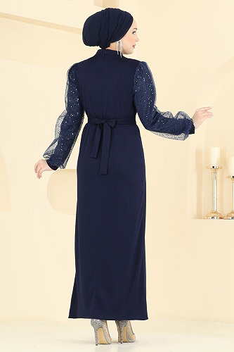 moda selvim Evening Dress 5760EDF311 Dark Navy Blue - Thumbnail
