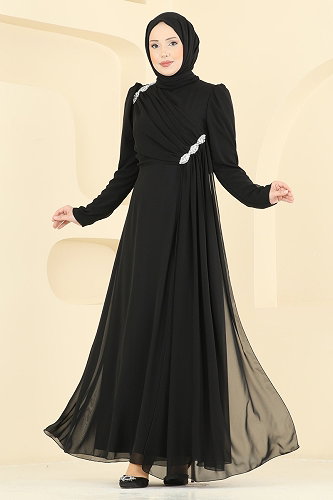 moda selvim Evening Dress 5761EDF311 Black - Thumbnail