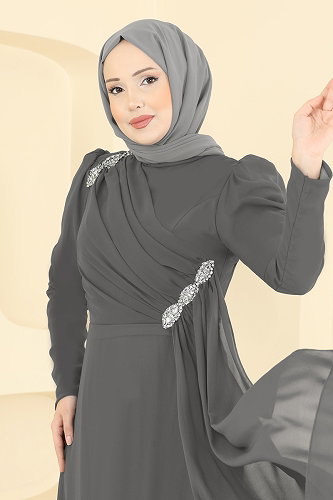 moda selvim Evening Dress 5761EDF311 Dark Gray - Thumbnail