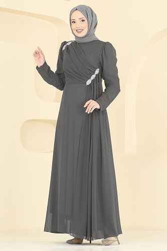moda selvim فستان سهرة رمادي غامق 5761EDF311 - Thumbnail