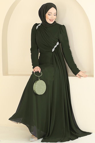 moda selvim Evening Dress 5761EDF311 Khaki - Thumbnail