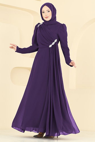moda selvim Evening Dress 5761EDF311 Purple - Thumbnail