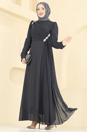 moda selvim Evening Dress 5761EDF311 Smoked - Thumbnail