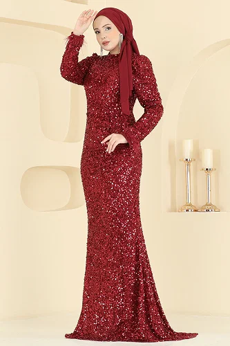 moda selvim Evening Dress 5762EDF311 Burgundy - Thumbnail