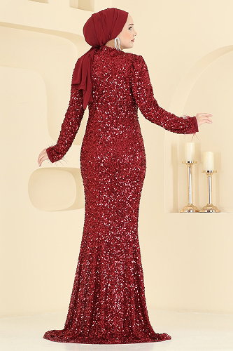 moda selvim Evening Dress 5762EDF311 Burgundy - Thumbnail