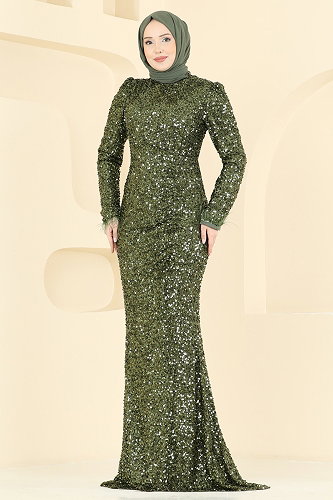 moda selvim Evening Dress 5762EDF311 Khaki - Thumbnail