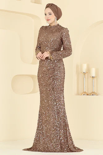 moda selvim Evening Dress 5762EDF311 Light Brown - Thumbnail